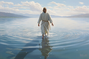 Jesus Christ walking on water on the sea of Galilee with a clear sly - sunny day , Generative AI