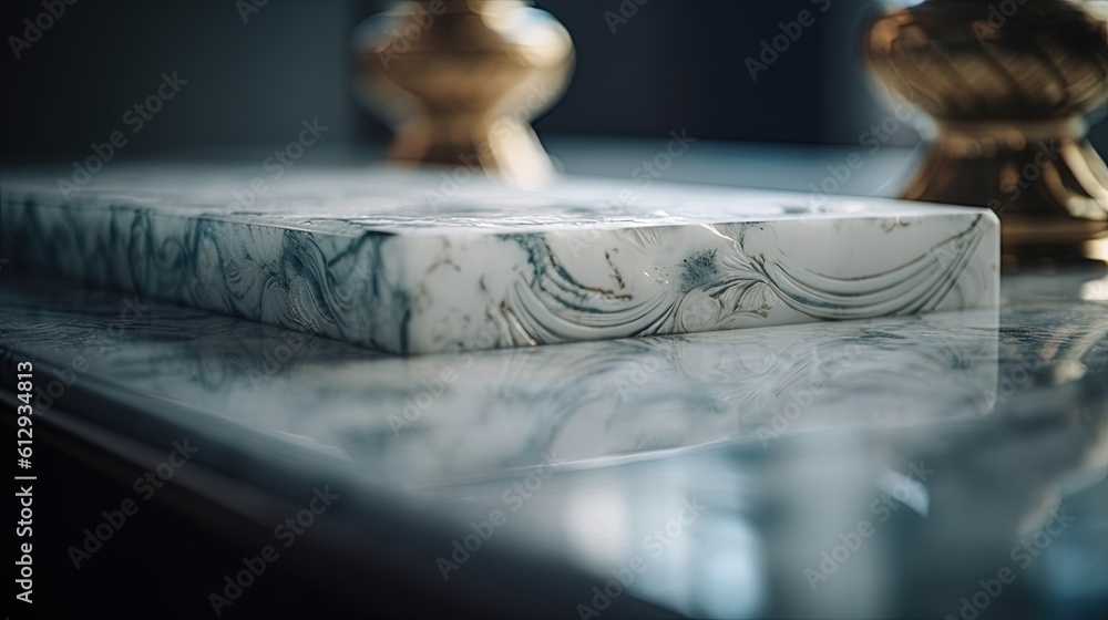 Poster a marble table top with two golden vases on it. generative ai