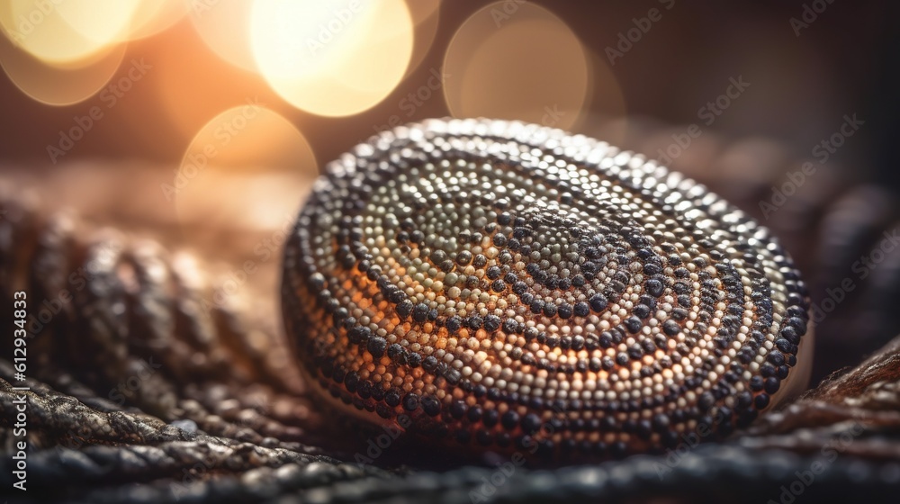 Poster a close up of a decorative object on a cloth with lights in the background. generative ai