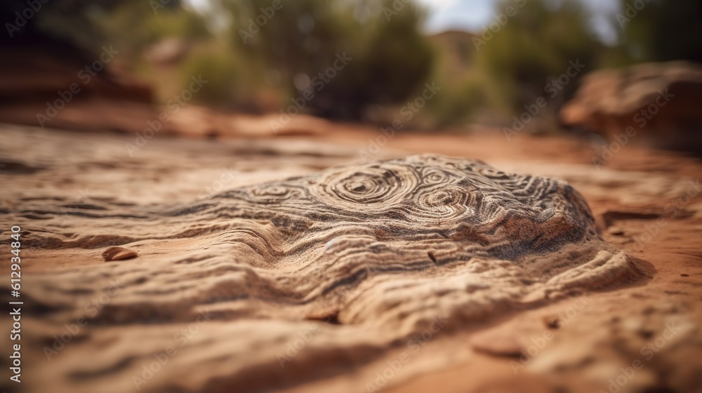 Poster a close up of a rock on a dirt ground with trees in the background. generative ai