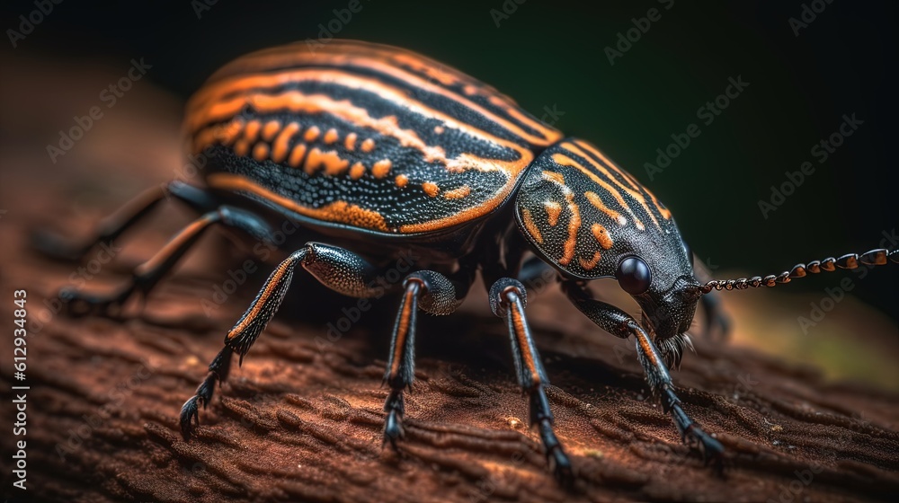 Poster a close up of a bug on a piece of wood. generative ai