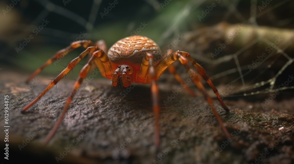 Aufkleber a close up of a spider on a tree branch with a blurry background. generative ai