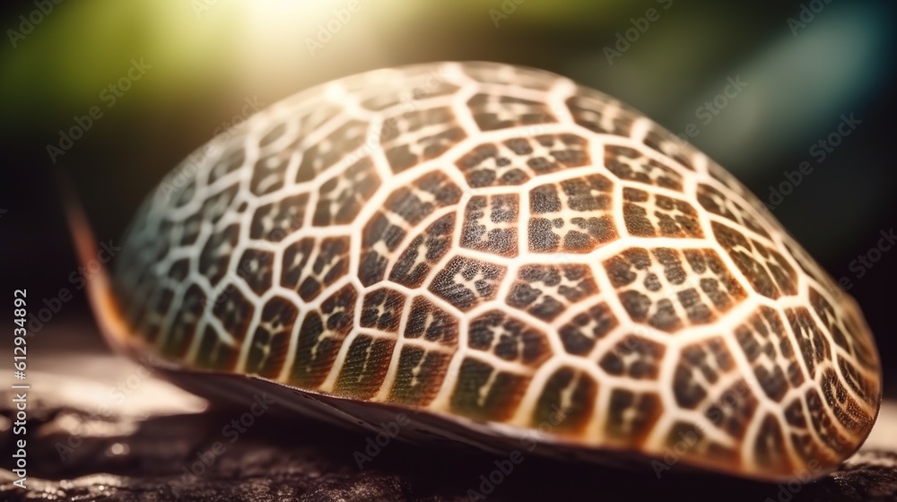 Poster a close up of a turtle shell on a rock surface. generative ai