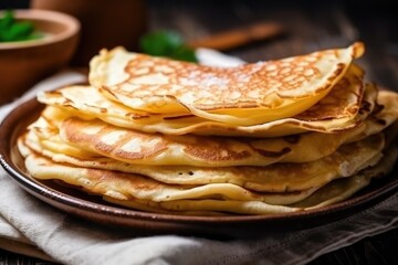 Plate with tasty thin pancakes or crepes on kitchen table, AI Generative