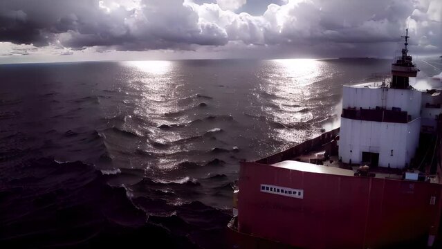 Cargo ship sailing in the ocean at sunset with clouds
Freight shipping concept, Beauty shot, Drone, 2023
