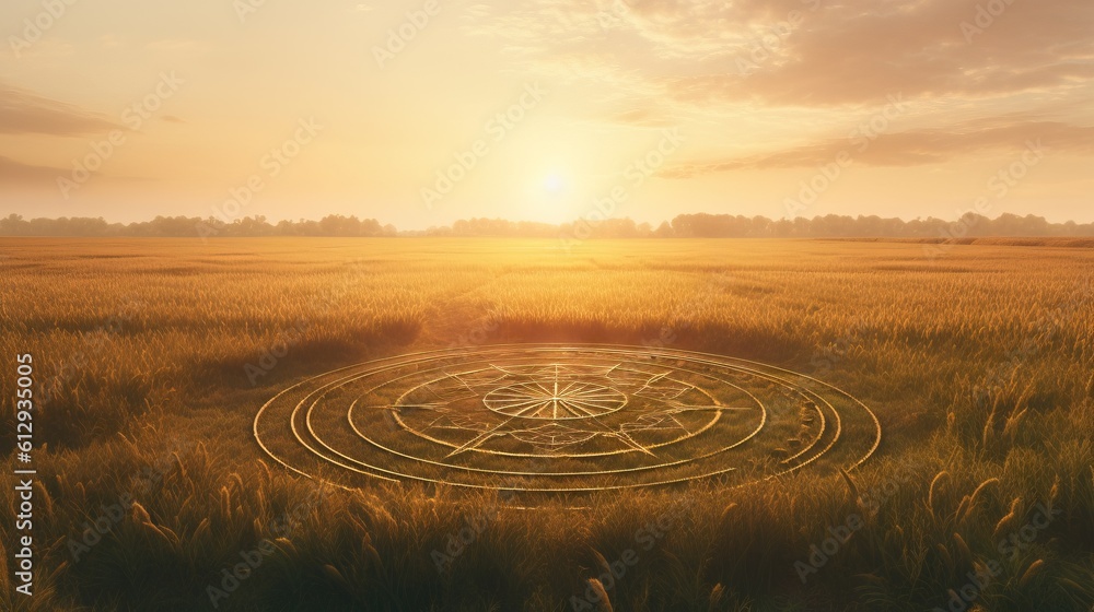 Poster a field of grass with a sun setting in the background. generative ai