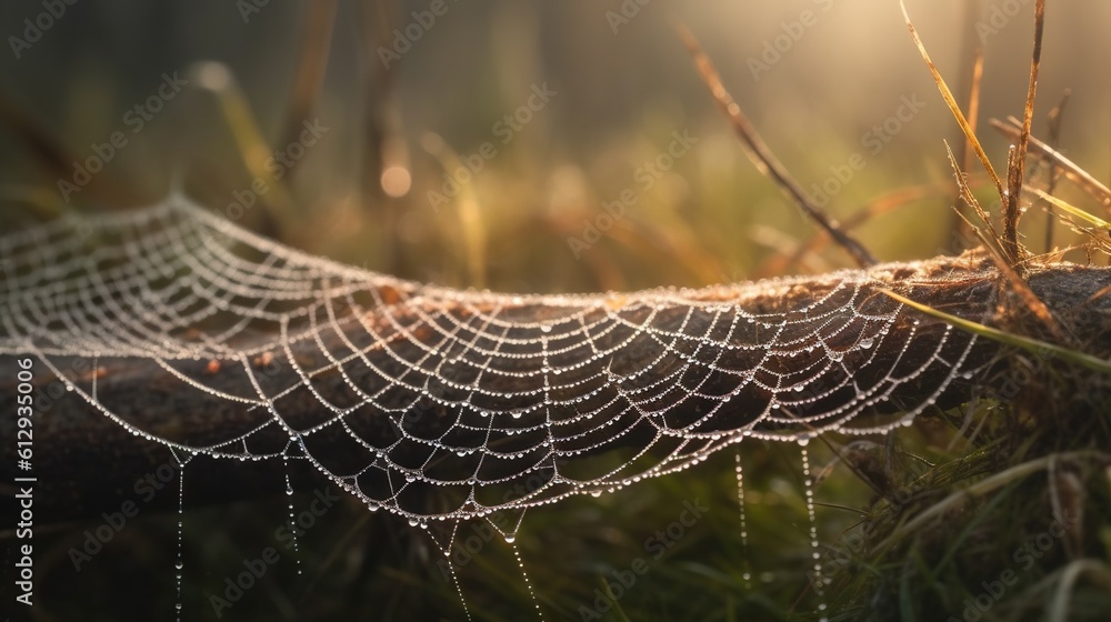 Poster  a close up of a spider web on a tree branch.  generative ai