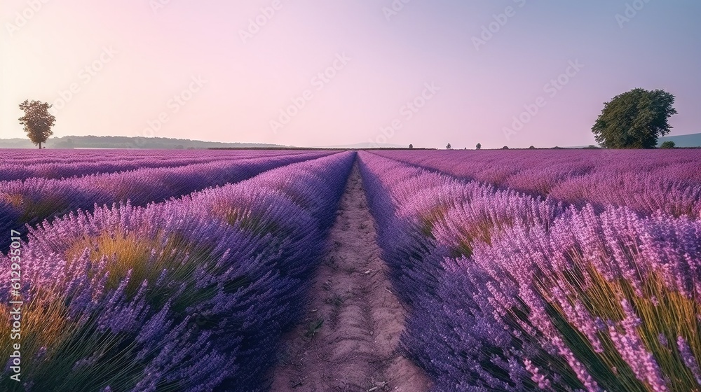 Poster a field of lavender flowers with trees in the background and a path leading to it. generative ai