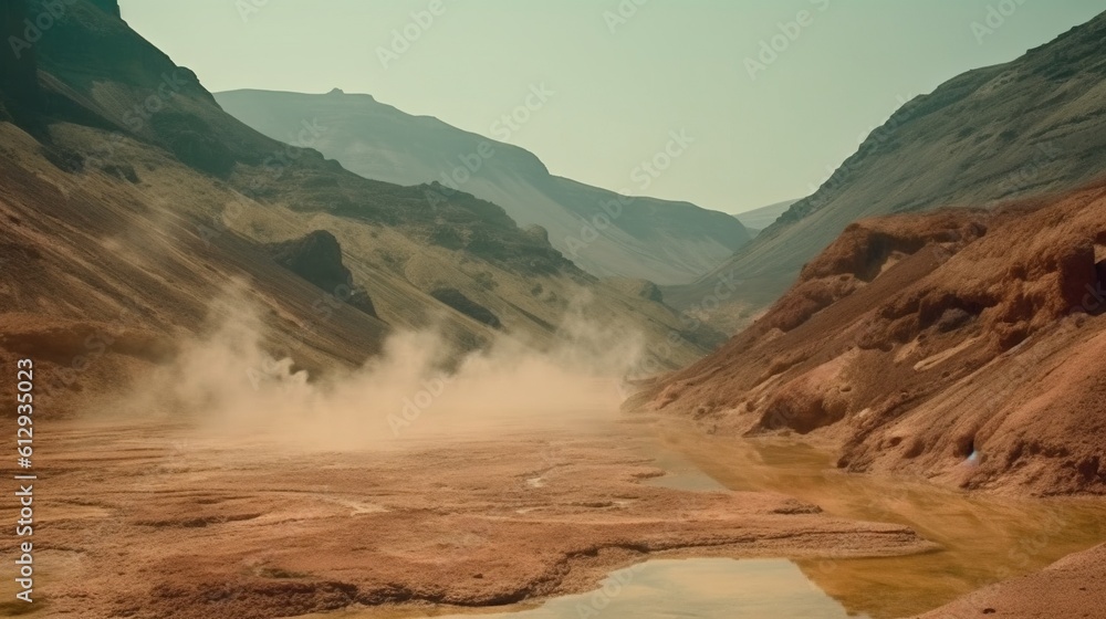 Poster a river in a valley with mountains in the background and fog in the air. generative ai