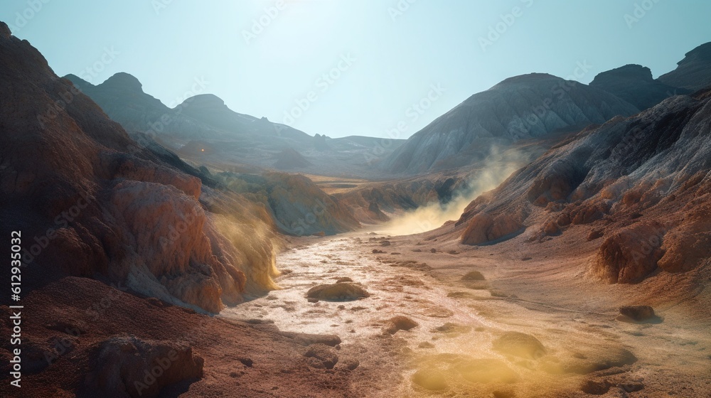 Poster a view of a desert with a river running through it. generative ai