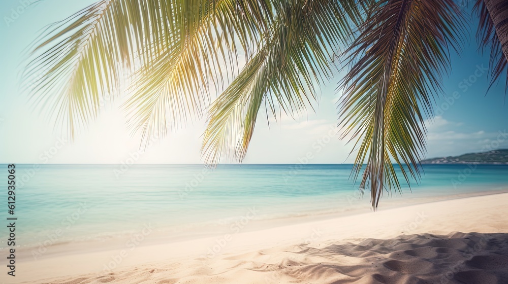 Poster a palm tree on a beach with the ocean in the background. generative ai