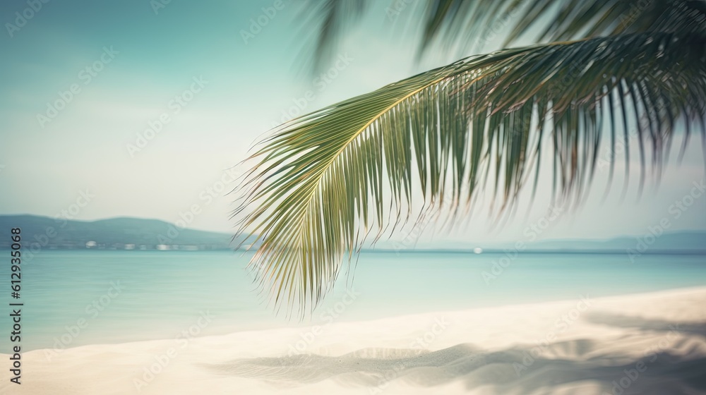Poster a palm tree on a beach with the ocean in the background. generative ai