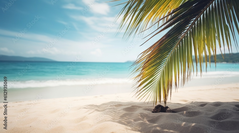 Poster a palm tree on a beach with the ocean in the background. generative ai
