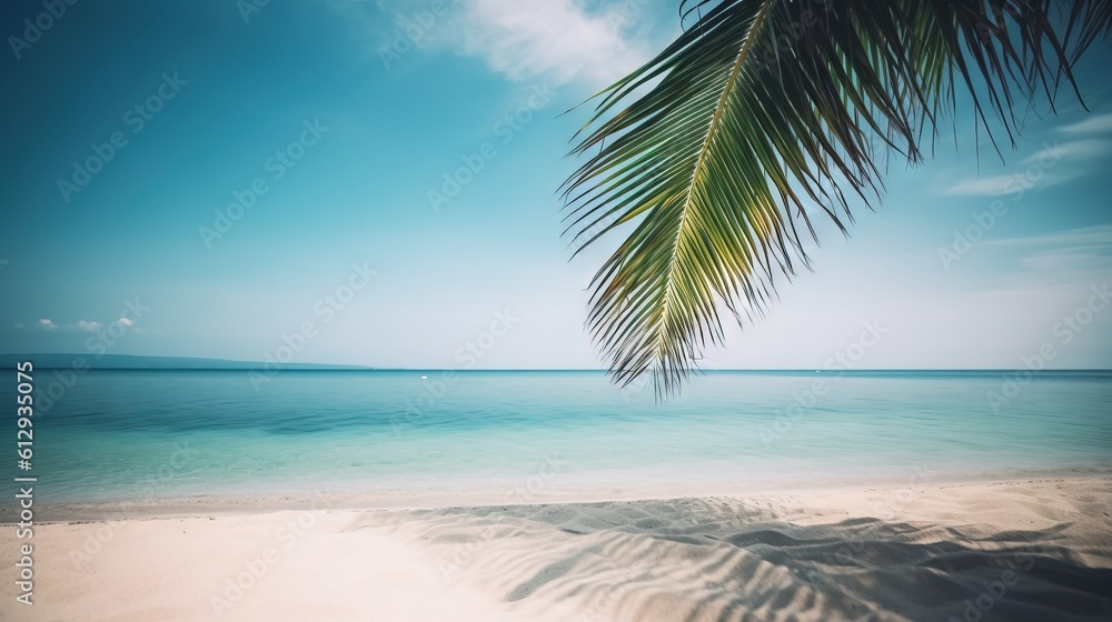 Poster a palm tree on a beach with the ocean in the background. generative ai