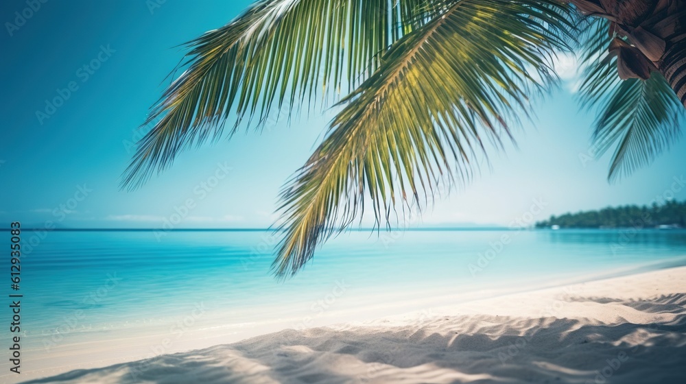 Aufkleber a palm tree on a beach with the ocean in the background. generative ai