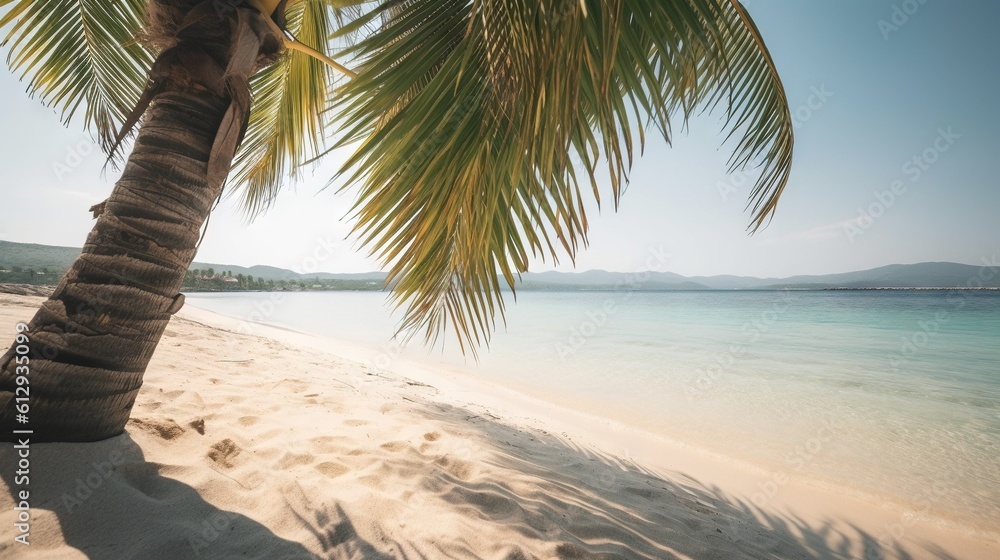 Poster a palm tree on a beach with clear water in the background. generative ai