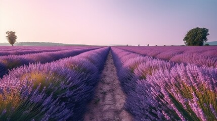Fototapeta na wymiar a field of lavender flowers with trees in the background and a path leading to it. generative ai