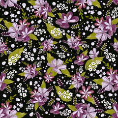 Dark Trendy floral seamless pattern for fabric, hand drawn, vector. Flowers textile pattern with small flowers, beautiful botanical print