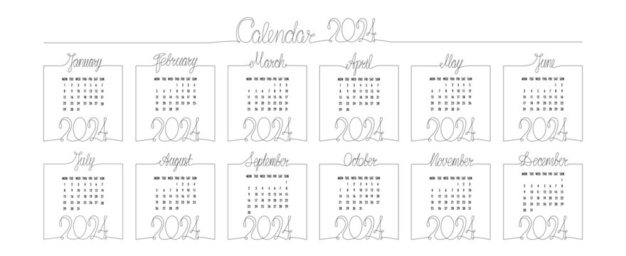 2024 year hand draw month calendar. Vector stock illustration isolated on white background for social media template, print industry or design photo album. Editable stroke.