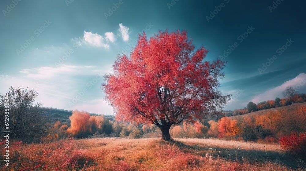 Poster a tree with red leaves in a grassy field with a blue sky in the background. generative ai