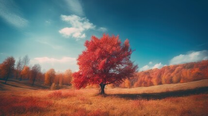 Fototapeta na wymiar a red tree in a field with a blue sky in the background. generative ai