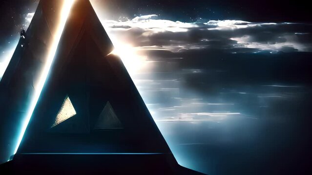 Giant triangle pyramid shape ufo in the sky
Alien invasion concept sci fi cinematic view, 2023
