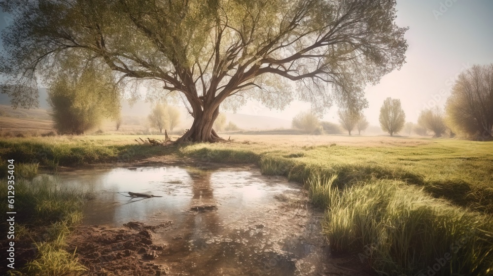 Poster a large tree sitting in the middle of a field next to a river. generative ai