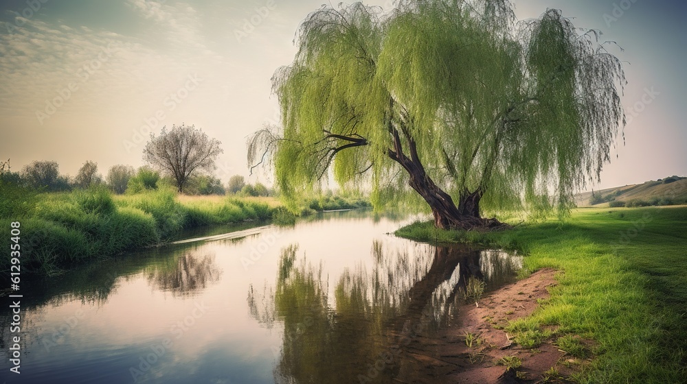Poster a large willow tree next to a small river in a park. generative ai