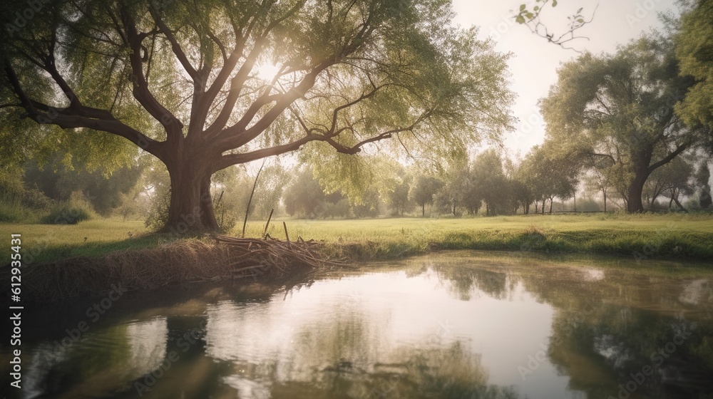 Poster a tree that is next to a river in the grass. generative ai