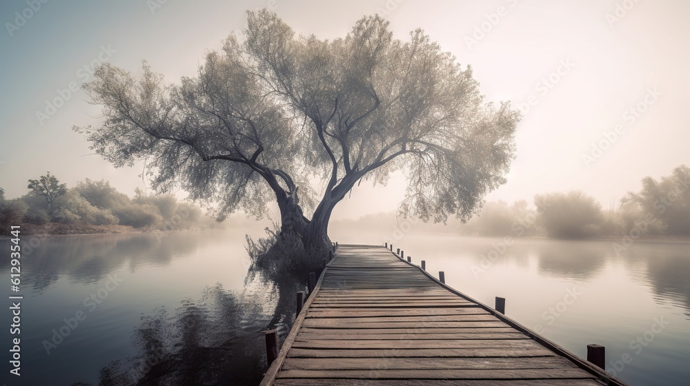 Poster a foggy lake with a dock and a tree in the foreground. generative ai