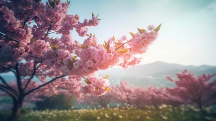 Fototapeta na wymiar a tree with pink flowers in a field with mountains in the background. generative ai