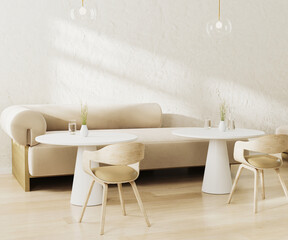 Bright and modern coffee place interior design with beige sofa, white round coffee tables and chairs, cafe interior, 3d 