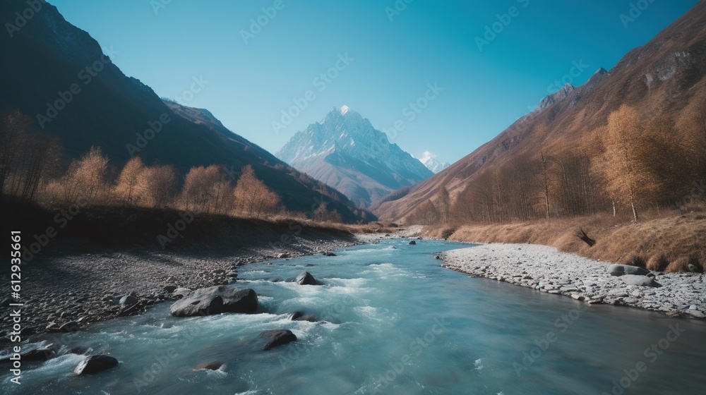 Poster a river running through a valley with mountains in the background. generative ai