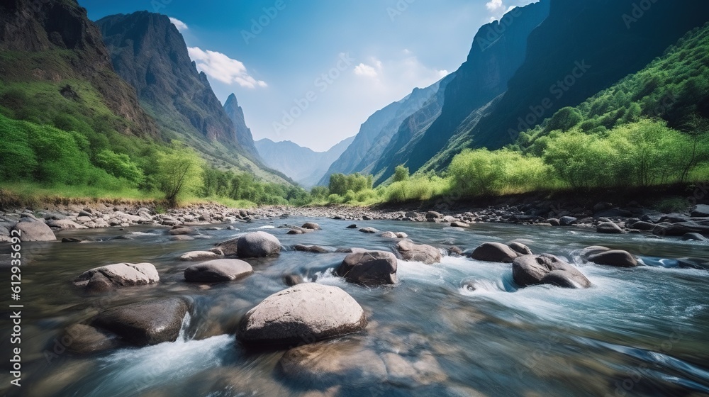 Poster  a river with rocks in the middle of it and mountains in the background.  generative ai