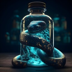 snake and vial of liquid - obrazy, fototapety, plakaty