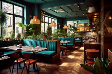 Fototapeta na wymiar Elegant green interior of restaurant with sleek furniture and flooring.