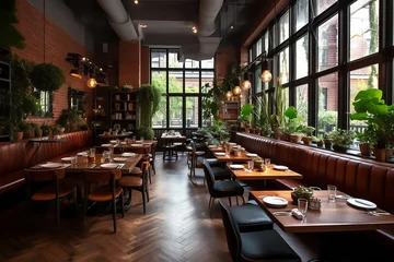 Foto op Canvas Elegant interior of restaurant with sleek furniture and flooring. © Brijesh
