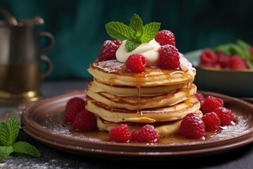 Plate with tasty thin pancakes or crepes on kitchen table, AI Generative