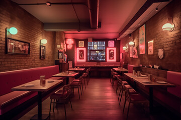 Fototapeta na wymiar Elegant interior of restaurant with sleek furniture and flooring.