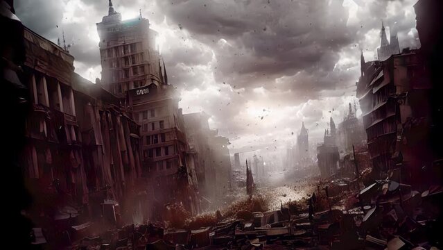 World at war with city destroyed and smoke,
Ww3 concept, Cinematic view, 2023
