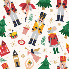 Merry Christmas, New Year seamless pattern set with Ballerina, Mouse King and Nutcracker. Christmas print with three and toys