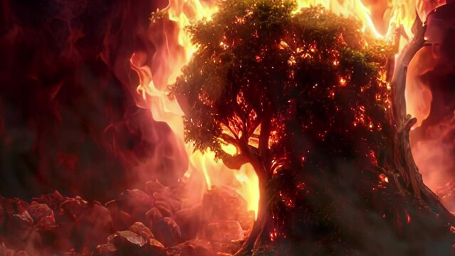 The burning bush from The bible
Slow motion cinematic view, 2023
