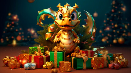 Chinese New Year of the Dragon 2024. New Year's poster with a cartoon 3d dragon on the background of a Christmas tree. Vector illustration of a dragon at the Christmas tree with toys. Generative ai