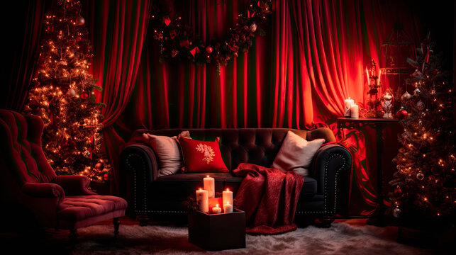 Christmas interior with decorated Christmas trees, sofa, blanket, gifts, candles, pillows, garlands and fireplace. Christmas photo zone. New Year and Christmas decorations in the house. Generative ai.