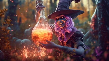 Witch brews a potion in the forest at night illustration. A poisonous potion in the witch's hands. Scary Halloween. Mystic in the forest. Magic forest. Generative ai.