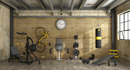 Gym room in a loft with Fitness set room with weight machines - 612937840