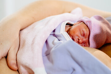 Freshly premature baby born skin to skin on unrecognizable mothers chest caucasian female newborn...