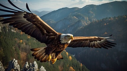 Eagle flying on mountains background. AI generated.