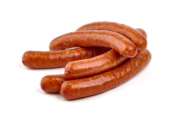 German grilled pork sausages with tomato sauce, close-up, isolated on white background.