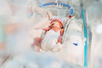 Unrecognizable hand in gloves of nurse or doctor taking care of premature baby placed in a medical incubator. Neonatal intensive care unit in hospital. - obrazy, fototapety, plakaty